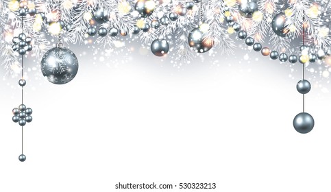 New Year gray background with silver Christmas balls. Vector illustration.