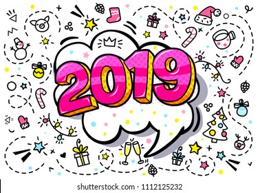 New Year greating card. Pink numbers 2019 in word bubble. Message in pop art comic style.