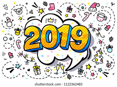 New Year greating card. Yellow numbers 2019 in word bubble. Message in pop art comic style.