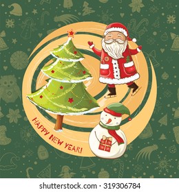 New Year green background. Vector color bright Christmas template for design with illustration of happy Santa Claus on skates, snowman and bright Christmas tree. Hand-drawn, eps 10.