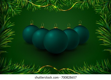 New Year green balls with  tree sticks. Vector illustration.