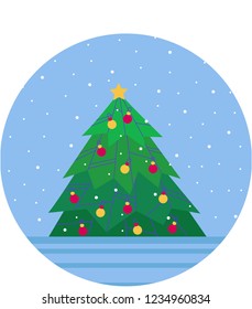 New Year. Green Christmas tree decorated with toys on a blue background. Snow. Vector flat illustration.