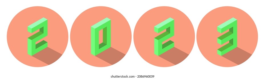 New Year green color 2023 in light salmon color circle design. Isometric style. Vector illustration