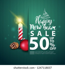 New Year green discount banner with modern lettering and Christmas candle