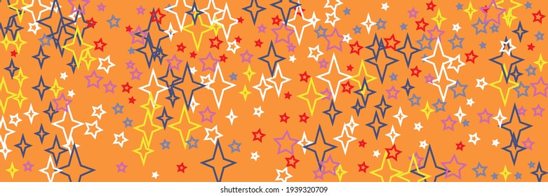 New Year Green Holiday Orange Multicolor Vibrant Blue Stars Ornament. Bright Red Chaotic Santa Colorful Vivid Sky Background. Violet Print Stars Christmas Yellow Horizontal White Background.