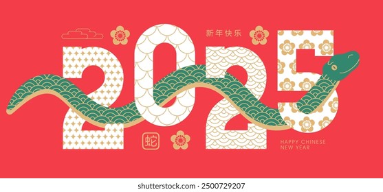 New Year of the green Snake 2025 horizontal poster. Simple shape snake entwines the ornate numbers 2025, isolated on a red background. Chinese translation text Happy New Year, snake