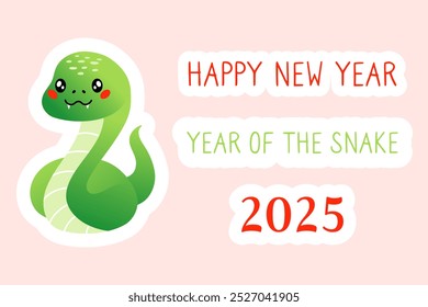New year of the green snake 2025. Sticker set with cute cartoon snake. Vector illustration