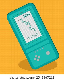 New Year of the green snake in the form of a retro computer game. Game console with congratulations on a yellow background, vector illustration