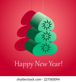 New Year green tree with abstract pattern on a red background with shadow