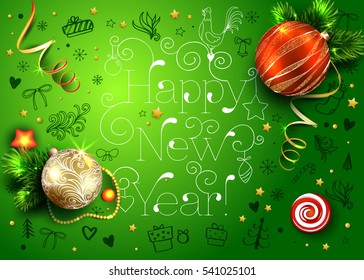 New Year green vector card with realistic fir tree, balls, decorations and hand drawn Christmas elements. Rooster. 3D. Winter holiday background. 2017 year.