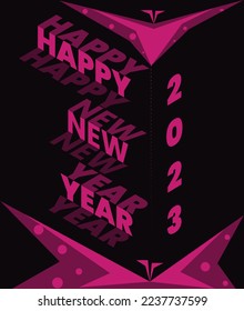 New Year Greeting 2023, modern, 3d Type, abstract butterfly, minimal design, pink on dark background, trendy vector