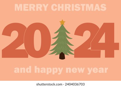 New Year greeting banner Christmas tree of the year 2024. Happy New Year  design of numbers 2024 on Peach Fuzz background. Design for poster, banner, greeting, 2024 celebration. 
