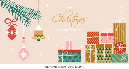 New Year greeting banner. Trendy modern design with gift boxes in gold, red, pink colors and Christmas tree ornaments on the branch. Template for greeting card, invitation, web banner. Vector