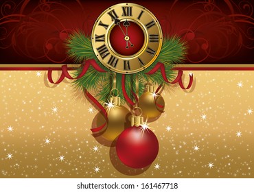 New Year greeting banner with xmas balls and clock, vector illustration