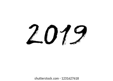 New year greeting black ink calligraphy. 2019 year text. Hand written modern brush lettering. Hand drawn holiday design elements. Festive sign card.