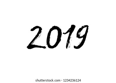 New year greeting black ink calligraphy. 2019 year text. Hand written modern brush lettering. Hand drawn holiday design elements. Festive sign card.