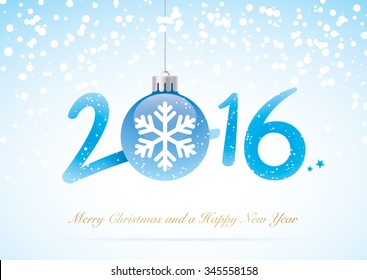 New year greeting card, with 2016 symbol. Christmas ball with snow flakes.