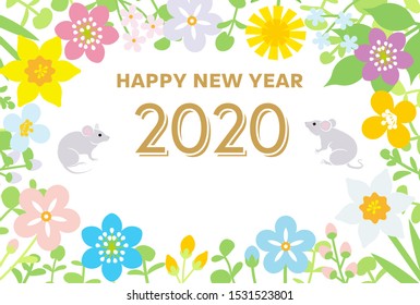 New year greeting card 2020, Two rats surrounded by wildflowers frame