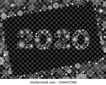 New Year greeting card 2020 made of white snowflakes on a transparent background
