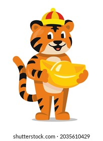 New year greeting card 2022 and fun tiger vector. Animal cartoon character.
