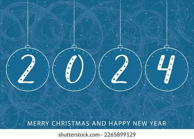 New Year greeting card 2024. Handwritten numbers in Christmas balls. White text Merry Christmas and Happy New Year. Blue background with frosted patterns and snowfall. Modern brush ink calligraphy.
