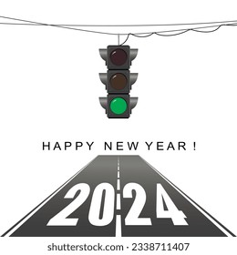 New Year greeting card. 2024 Traffic light, green light. New year concept. Vector.