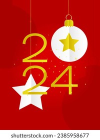 New Year greeting card with 2024 year number in paper cut style. Christmas toy and star on a red background.