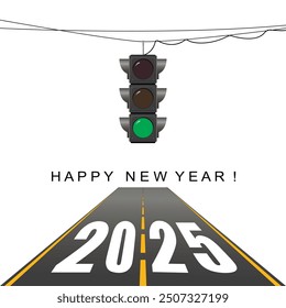 New Year greeting card. 2025 Traffic light, green light. New year concept.