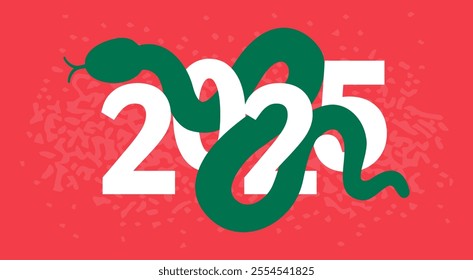 New Year greeting card 2025. Happy Chinese New Year of Green Snake zodiac. Vector illustration in modern flat style
