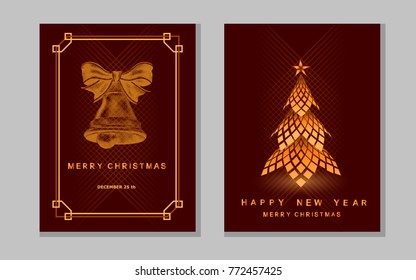
New Year greeting card with abstract christmas tree and bell.