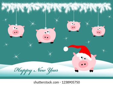 New Year greeting card with amusing pigs and fir branch. Chinese astrological sign. Symbol of 2019. Design for greeting, postcard and more.