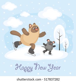 New Year greeting card with an amusing cat and mouse. Winter entertainments. Fun children's background in cartoon style. 