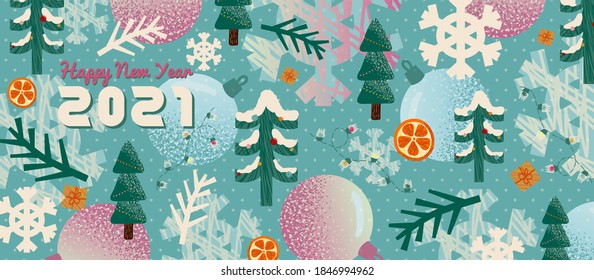 Tarjeta de saludo de Año Nuevo y plantilla de fondo. Ilustración vectorial de vacaciones de invierno en estilo vintage. Árbol de Navidad y juguetes. Afiche de año nuevo 2021