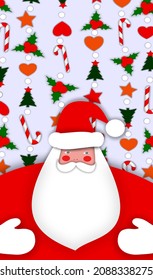 New Year greeting card. Background with Christmas toys, Christmas trees, lollipops. A huge Santa Claus in a hat and mittens with a white beard. Christmas screensaver with hearts, stars.