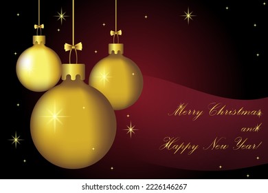 New Year greeting card  background and black   burgundy gradient  golden balls   bows  Vector illustration