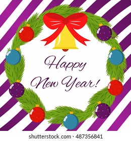 New year greeting card and background. Christmas wreath with balls, bow and bell.