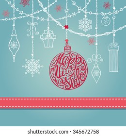 New year  greeting card with ball, garlands and ribbon.Holiday background.Christmas design template.Vintage ornate vector.Winter decoration, snowflakes.