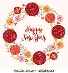New Year greeting card with balls, berries, leaves on white background. Circle wreath in scandinavian style. Perfect for winter holidays, Christmas postcards. Vector illustration