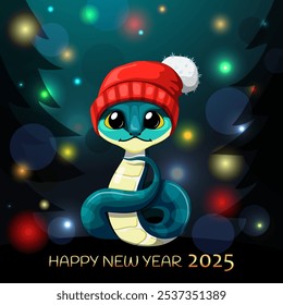 New Year greeting card, banner for winter holidays. Cute, funny snake in Santa hat on dark background, symbol of 2025. Chinese zodiac sign of snake.