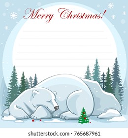 New Year greeting card with beautiful illustration. Image of a sleeping polar bear and a Christmas tree with toys against a background of nature, rocks and forest.