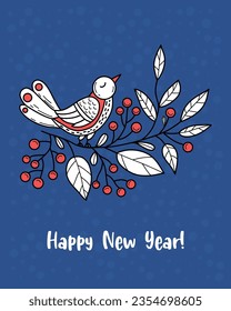 New Year greeting card. Bird on branch with Christmas berries on blue background. Vector vertical illustration in hand drawing style. Xmas folk design