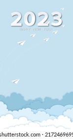 New Year greeting card Blue sky origami cloud and white paper airplane flying,Vector illustration Cloudscape layers paper art,Vertical banner for financial leadership for business start up 2023