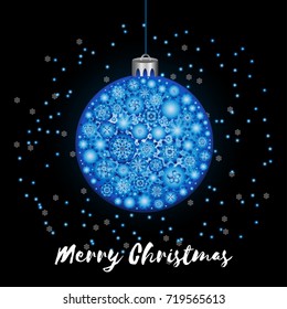 New Year greeting card with blue sphere. Christmas. 2018 year. Vector illustration.