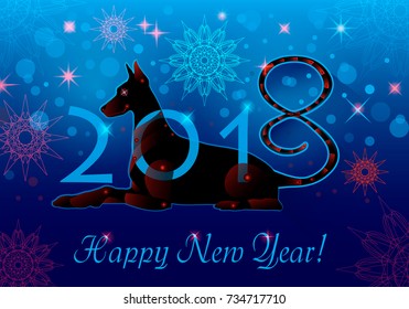 New Year greeting card in blue. Vector illustration of New Year mascot Dog. Cyborg dog blue.