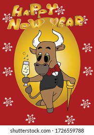 A new year greeting card with a bull dressed in a tuxedo, holding a glass of 2021 champagne, vector children's design on a red and gold isolated background.