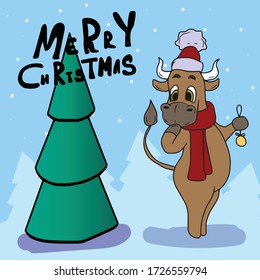 New year greeting card with a bull 2021, vector children's design on a red and gold isolated background.