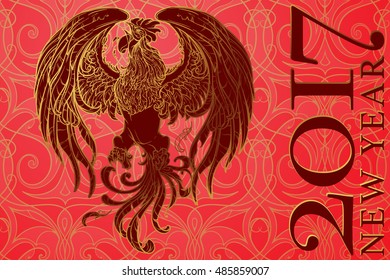 New year greeting card or calendar cover with a rooster as a symbol of the 2017 year. Intricate linear drawing of the Rooster on the traditional chinese pattern background. EPS10 vector illustration.
