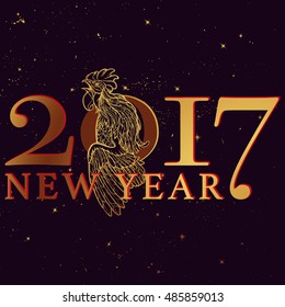 New year greeting card or calendar cover with a rooster as a symbol of the 2017 year. Intricate linear drawing of the Rooster on black night sky background with golden stars. EPS10 vector illustration