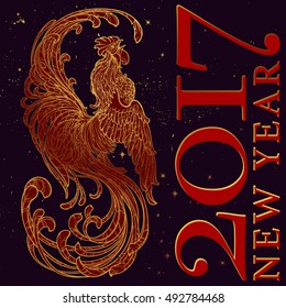 New year greeting card or calendar cover with a rooster as a symbol of the 2017 year. Intricate linear drawing of the Rooster on black night sky background with golden stars. EPS10 vector illustration