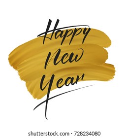 New Year. Greeting card with New Year calligraphy and gold paint smudges. Festive background for winter holidays